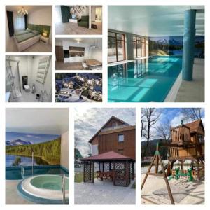 a collage of pictures of a pool and houses at Apartament Biała Róża in Szklarska Poręba