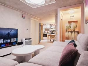 a living room with a couch and a tv at Close to Gangnam, COEX & Luxury Apartment near Lotte world in Seoul