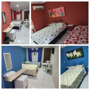 three pictures of a room with two beds and tables at Pousada Terraço Potiguara in Baía da Traição