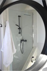 W białej łazience znajduje się prysznic i lustro. w obiekcie ZielonoMi w mieście Zieleniak