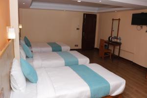 Habitación de hotel con 2 camas y TV en Peshal Home, en Katmandú