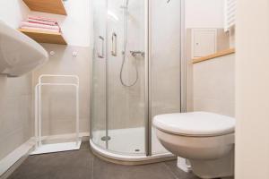 a bathroom with a shower and a toilet at Sandwig-Lodge in Glücksburg