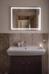 a bathroom with a white sink and a mirror at ZielonoMi in Zieleniak