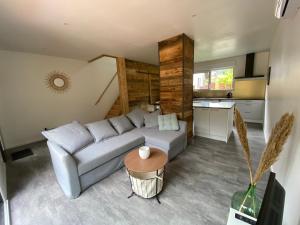 ein Wohnzimmer mit Sofa und Tisch in der Unterkunft Duplex le Corten, Terrasse et jardin in Gérardmer
