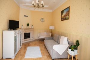salon z kanapą i telewizorem w obiekcie One bedroom apartment with balcony-Kostyushka street,16 w Lwowie