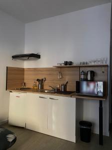 a kitchen with a counter with a sink and a microwave at Studio centre ville in Nîmes