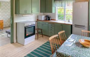 維默比的住宿－4 Bedroom Beautiful Home In Vimmerby，厨房配有绿色橱柜、桌子和炉灶。