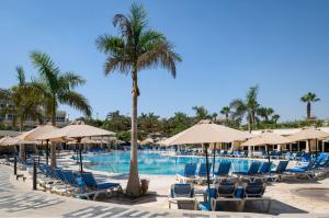 a pool with chairs and umbrellas and a palm tree at JW Marriott Hotel Cairo in Cairo