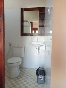 a bathroom with a toilet and a sink and a mirror at Semilir Inn Senggigi in Senggigi