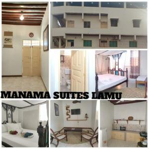 a collage of four pictures of a room at Manama Suites Apartment in Lamu