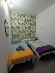 2 camas en una habitación con pared en La casita de Aitor; campo y playa en el Médano, en El Médano