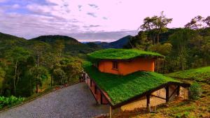 新弗里堡的住宿－Casa Bioconstruida - Fazenda Ecológica，山坡上草屋顶的房子