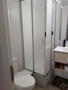 a white bathroom with a toilet and a shower at Habitaciones en Departamento Centro de Chillan in Chillán