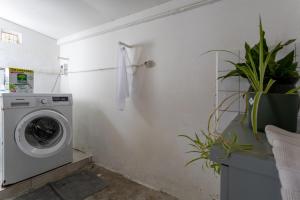 a laundry room with a washing machine and some plants at Tente Lodge Calme, Nature, Piscine in Clohars-Fouesnant