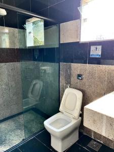 La salle de bains est pourvue de toilettes et d'une douche en verre. dans l'établissement Paraiso na beira de cachoeiras Canyons Capitólio MG, à Guapé