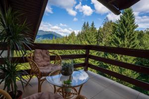 普雷代亚尔Love Luxury studio的阳台配有玻璃桌、椅子和树木