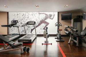 a gym with cardio equipment and a wall mural at Sheraton Bratislava Hotel in Bratislava