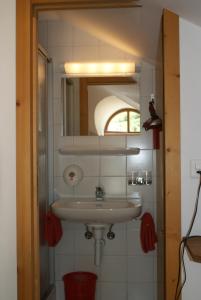 a bathroom with a sink and a mirror at Albergo Piz Cam in Vicosoprano