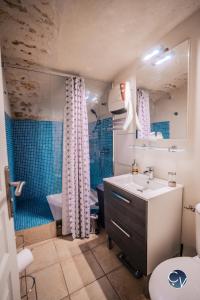 ein Bad mit einem Waschbecken, einem WC und einer Dusche in der Unterkunft Agréable maison de village avec terrasse in Pougnadoresse