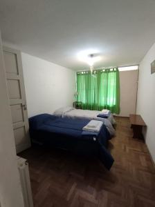 1 dormitorio con 1 cama y cortina verde en Los Ángeles Temporario en Córdoba