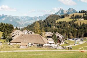 a group of buildings in a field with mountains at Chalet Antoine 5p in Moleson