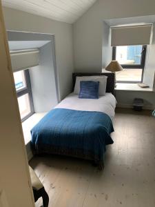 キリーベグスにあるThe Town Houseのベッドルーム1室(青い毛布、窓2つ付)