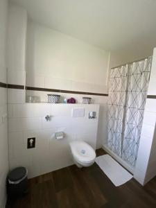 a white bathroom with a toilet and a window at Appartements am Schaalsee in Zarrentin