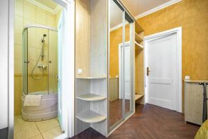 a bathroom with a shower and a walk in closet at Gostiniy Dvor in Odesa