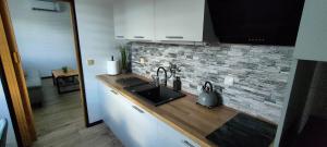 um balcão de cozinha com um lavatório e uma parede de tijolos em Apartmán 604 em Vrbno pod Pradedem