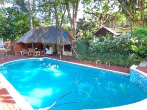 a small swimming pool with a thatch hut at Homeinn Guesthouse in Nelspruit