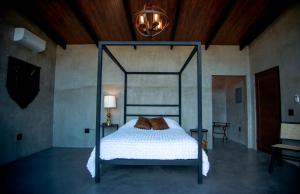 1 dormitorio con 1 cama con dosel de metal en Prajna Valle de Guadalupe en Valle de Guadalupe