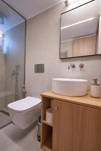 a bathroom with a sink and a toilet and a mirror at Villa Irini in Patsídhes