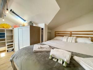 een slaapkamer met een groot bed en handdoeken bij La Rive - Charmant logement bord de Marne in Champigny-sur-Marne