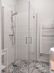 a shower with a glass door in a bathroom at Linden Apartman 105 - Adults Only in Mosonmagyaróvár +31 photos