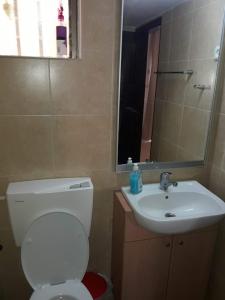 uma casa de banho com um WC branco e um lavatório. em tilis מרגולין 33 תל אביב em Tel Aviv