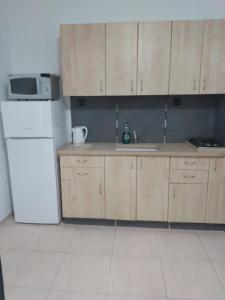 uma cozinha com armários de madeira e um frigorífico branco em tilis מרגולין 33 תל אביב em Tel Aviv