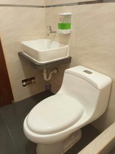 a bathroom with a white toilet and a sink at Habitación 2 camas a pasos del Aeropuerto Lima in Lima