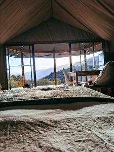 a bed in a tent with a view at Aloeron at Patatsfontein Stay in Montagu
