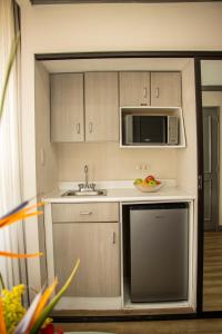 eine kleine Küche mit einer Spüle und einer Mikrowelle in der Unterkunft Hotel Santander Plaza in Guatemala