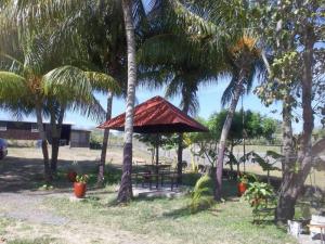 a hut with a table and chairs under palm trees at Hotel Noches Sureñas / Southern Nights Nicaragua in San Jorge