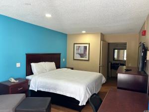 1 dormitorio con 1 cama grande y pared azul en Blue Star inn, en Lafayette