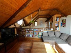 sala de estar con sofá y TV en Chalet Epicea en Sainte-Anne-des-Monts