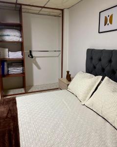 a bedroom with a bed and a mirror at Apartamento pinares Santa Rosa in Santa Rosa de Cabal