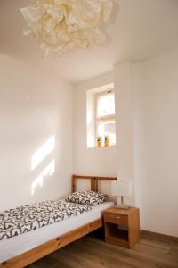 1 dormitorio con cama y lámpara de araña en Cute 2 beds studio close to the Main Train Station, en Bratislava