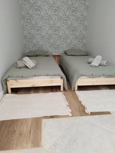 two twin beds in a room with wooden floors at Les Ecureuils 4 / 6 personnes in Seigy