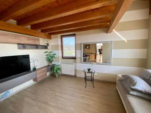 ein Wohnzimmer mit einem Sofa und einem großen TV in der Unterkunft Immerso nel verde 4 posti letto 