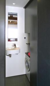 La salle de bains est pourvue d'un lavabo et d'un lave-linge. dans l'établissement Chalet*** au pied d'une prairie face à la montagne, à Sixt-Fer-à-Cheval