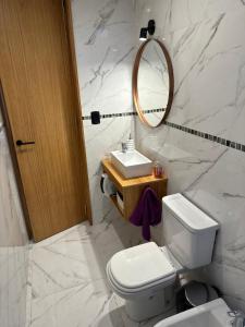 W łazience znajduje się toaleta, umywalka i lustro. w obiekcie Premiun Apart 1 - Pleno Centro w mieście Suipacha