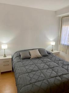ein Schlafzimmer mit einem Bett mit zwei Nachttischen und zwei Lampen in der Unterkunft Departamento Centrico 2 dormitorios in Neuquén