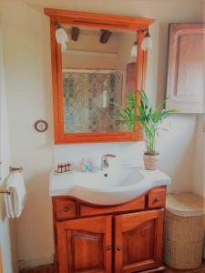 a bathroom with a sink and a mirror at Les violetes in Serra de Almós +24 photos